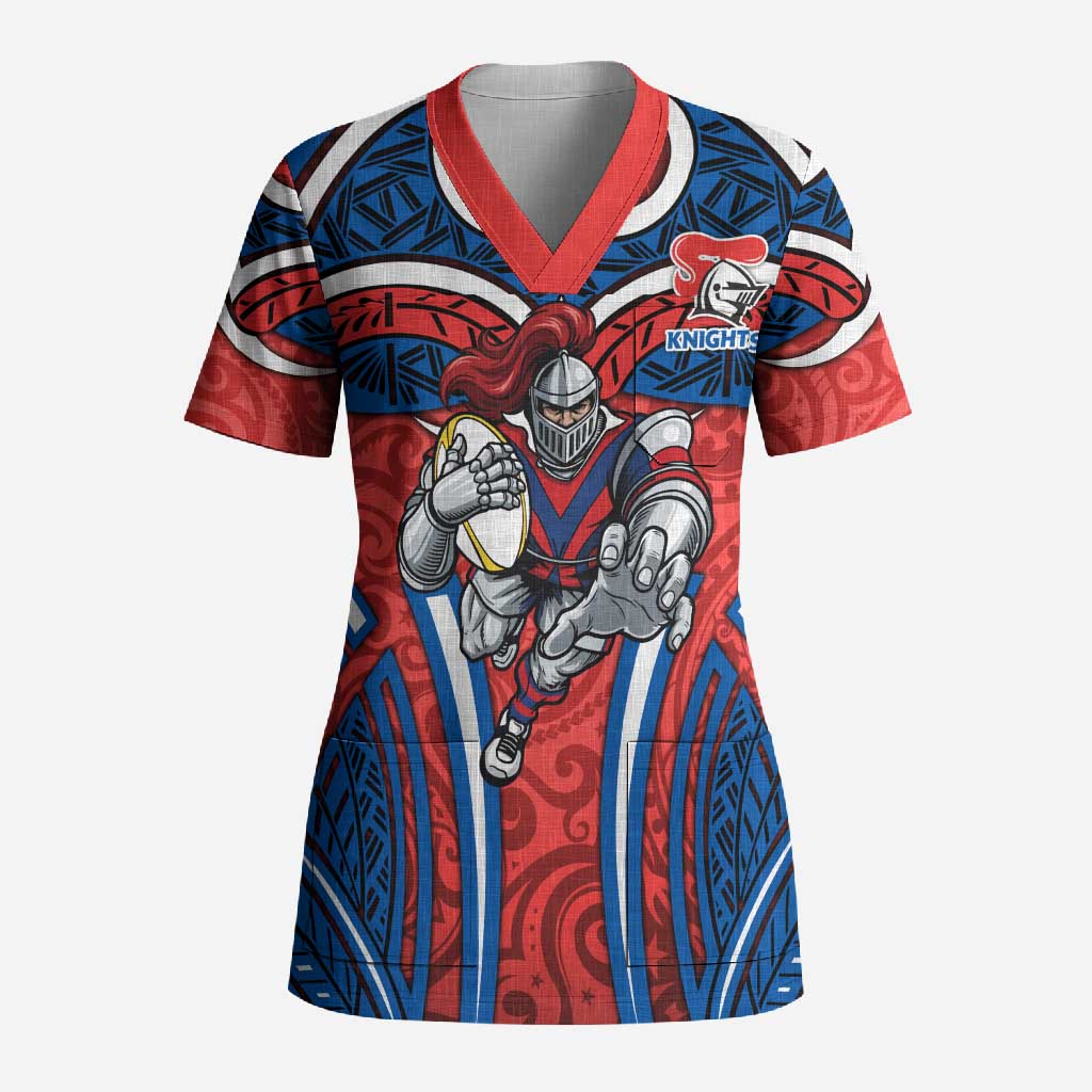 Newcastle Knights Rugby Scrub Top Polynesian Tribal Knight Warrior Red Blue Pattern