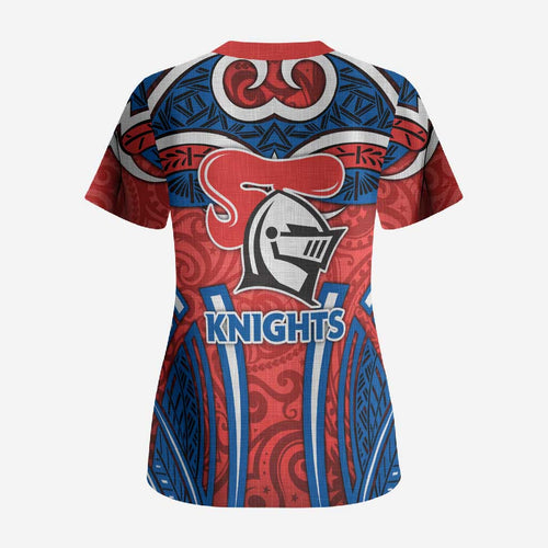 Newcastle Knights Rugby Scrub Top Polynesian Tribal Knight Warrior Red Blue Pattern