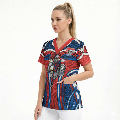 Newcastle Knights Rugby Scrub Top Polynesian Tribal Knight Warrior Red Blue Pattern
