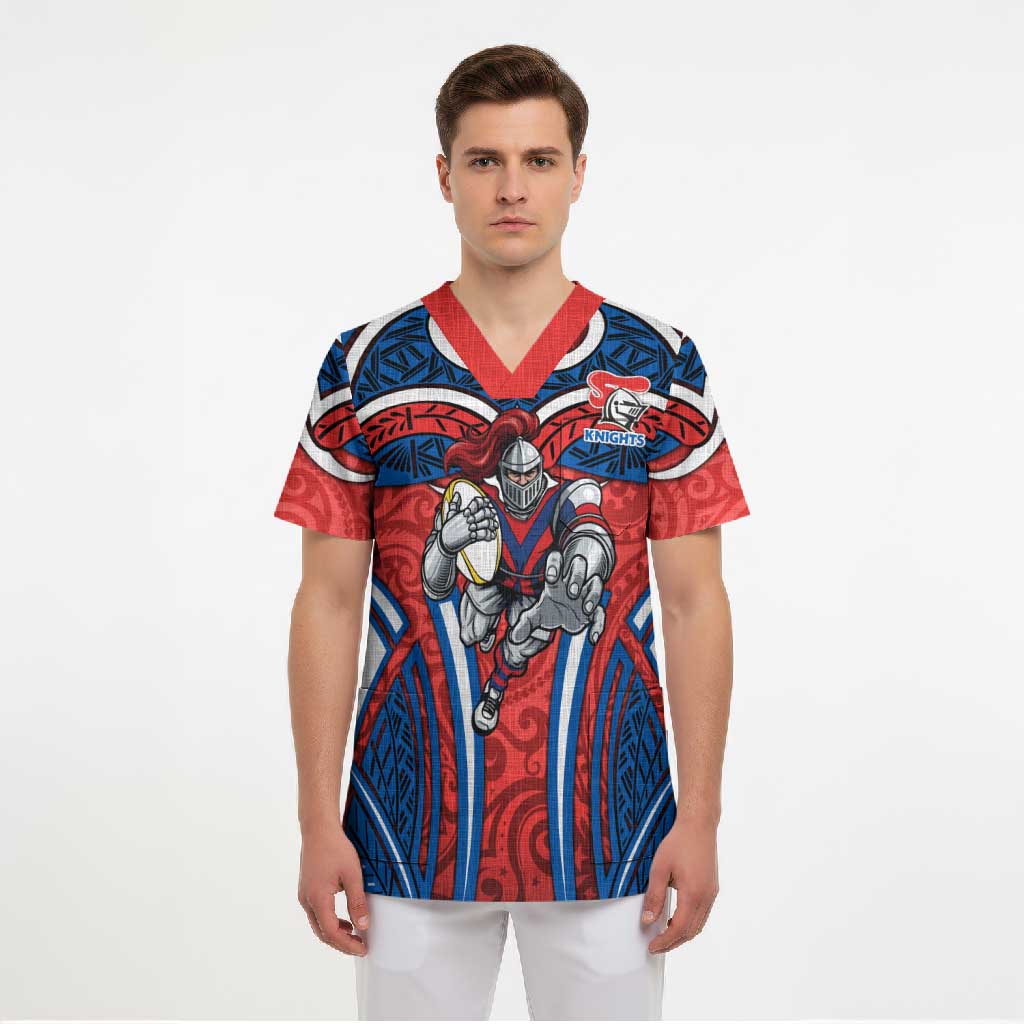Newcastle Knights Rugby Scrub Top Polynesian Tribal Knight Warrior Red Blue Pattern