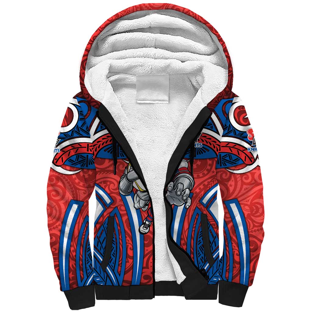 Newcastle Knights Rugby Sherpa Hoodie Polynesian Tribal Knight Warrior Red Blue Pattern