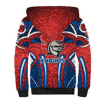 Newcastle Knights Rugby Sherpa Hoodie Polynesian Tribal Knight Warrior Red Blue Pattern