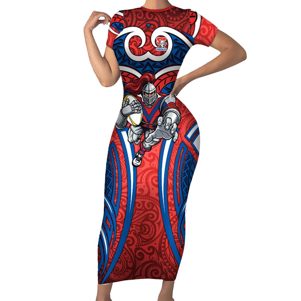 Newcastle Knights Rugby Short Sleeve Bodycon Dress Polynesian Tribal Knight Warrior Red Blue Pattern