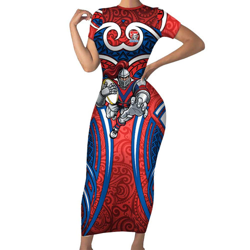 Newcastle Knights Rugby Short Sleeve Bodycon Dress Polynesian Tribal Knight Warrior Red Blue Pattern