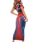 Newcastle Knights Rugby Short Sleeve Bodycon Dress Polynesian Tribal Knight Warrior Red Blue Pattern