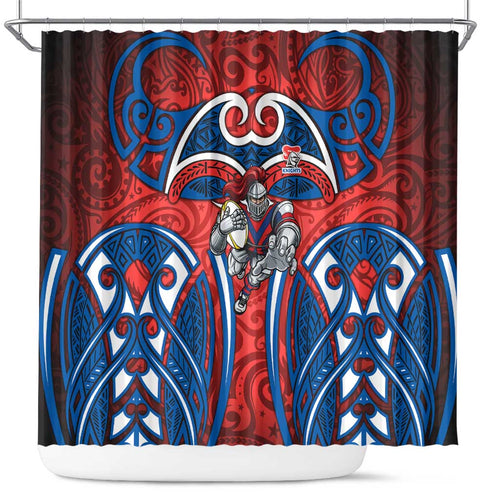Newcastle Knights Rugby Shower Curtain Polynesian Tribal Knight Warrior Red Blue Pattern