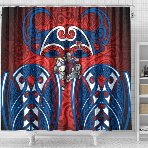 Newcastle Knights Rugby Shower Curtain Polynesian Tribal Knight Warrior Red Blue Pattern