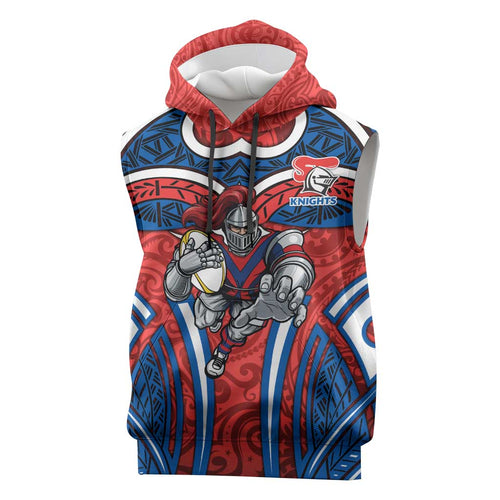 Newcastle Knights Rugby Sleeveless Hoodie Polynesian Tribal Knight Warrior Red Blue Pattern