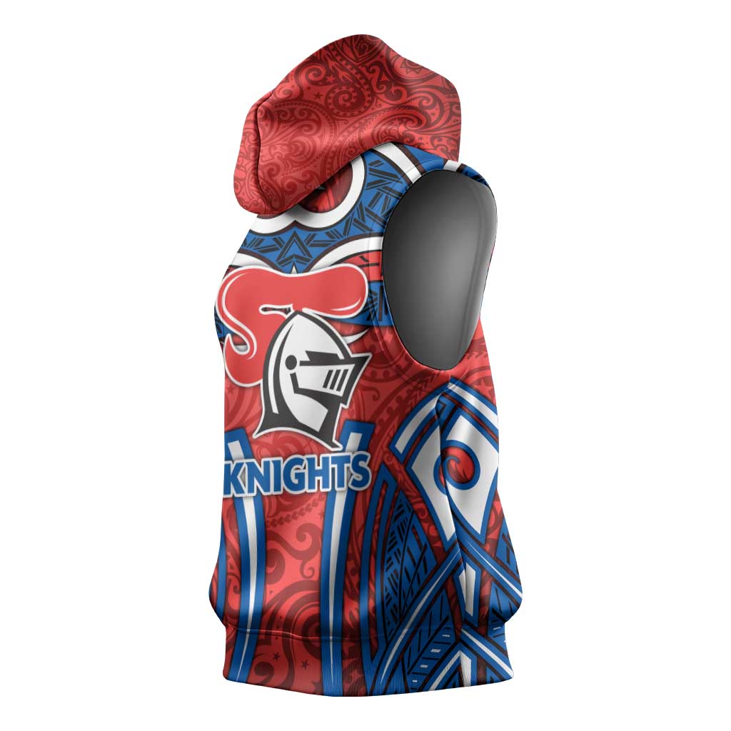 Newcastle Knights Rugby Sleeveless Hoodie Polynesian Tribal Knight Warrior Red Blue Pattern
