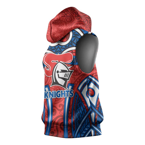 Newcastle Knights Rugby Sleeveless Hoodie Polynesian Tribal Knight Warrior Red Blue Pattern
