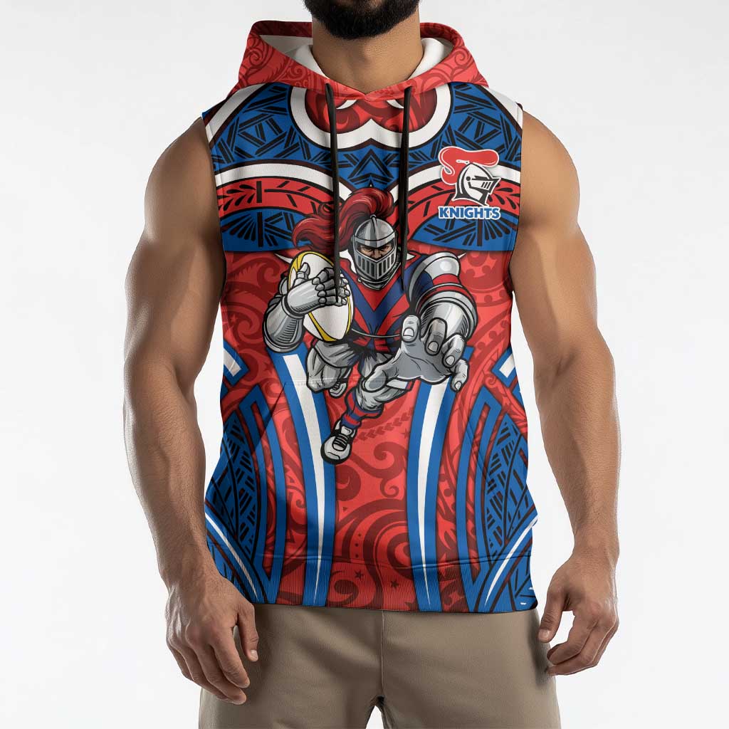 Newcastle Knights Rugby Sleeveless Hoodie Polynesian Tribal Knight Warrior Red Blue Pattern