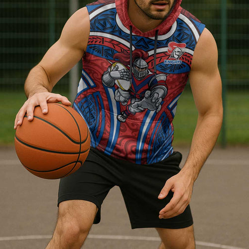 Newcastle Knights Rugby Sleeveless Hoodie Polynesian Tribal Knight Warrior Red Blue Pattern