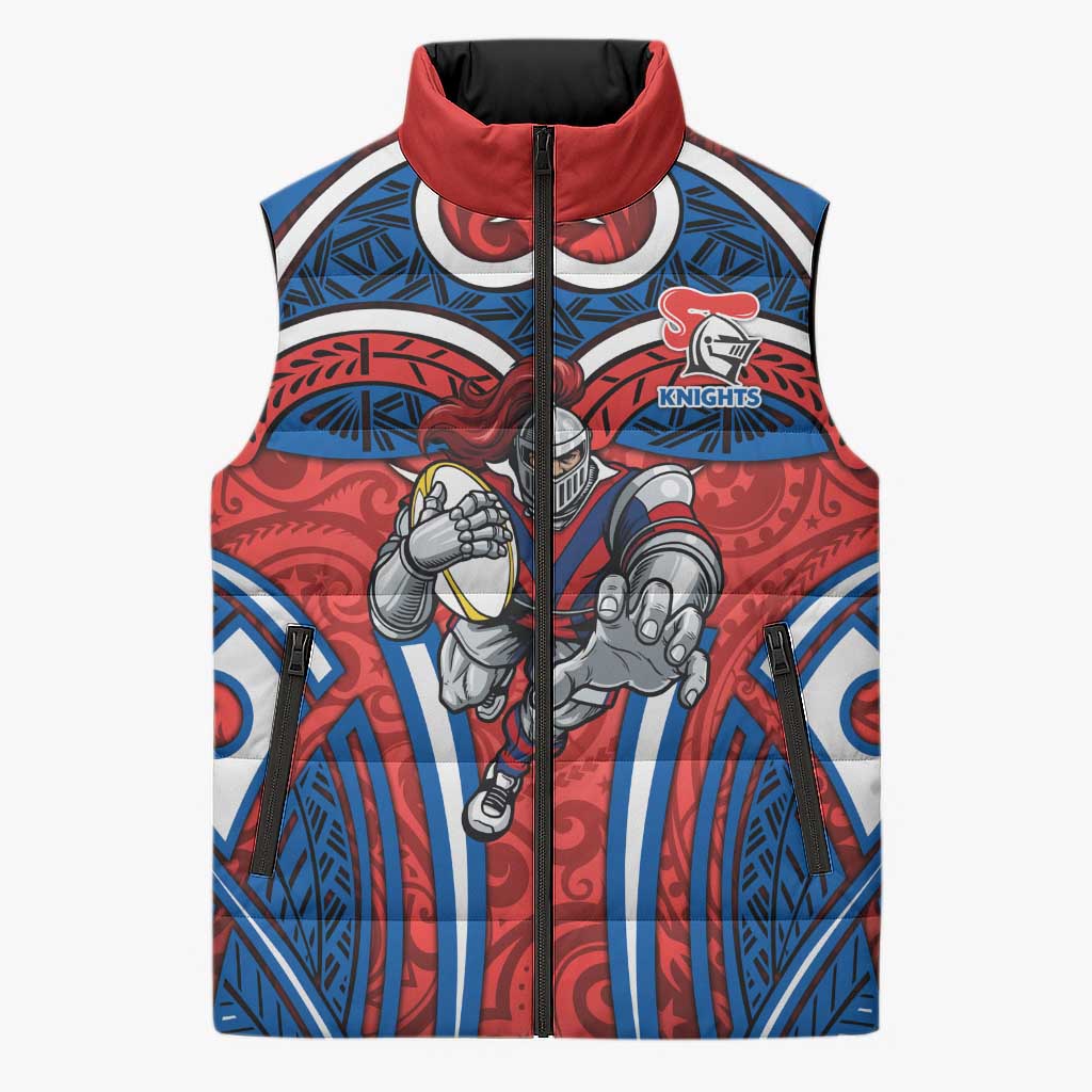 Newcastle Knights Rugby Sleeveless Puffer Jacket Polynesian Tribal Knight Warrior Red Blue Pattern