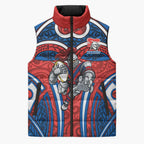 Newcastle Knights Rugby Sleeveless Puffer Jacket Polynesian Tribal Knight Warrior Red Blue Pattern