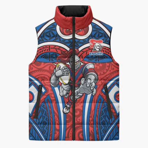 Newcastle Knights Rugby Sleeveless Puffer Jacket Polynesian Tribal Knight Warrior Red Blue Pattern