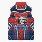 Newcastle Knights Rugby Sleeveless Puffer Jacket Polynesian Tribal Knight Warrior Red Blue Pattern