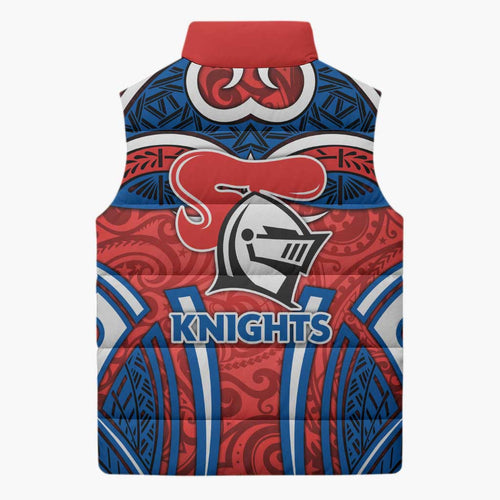 Newcastle Knights Rugby Sleeveless Puffer Jacket Polynesian Tribal Knight Warrior Red Blue Pattern