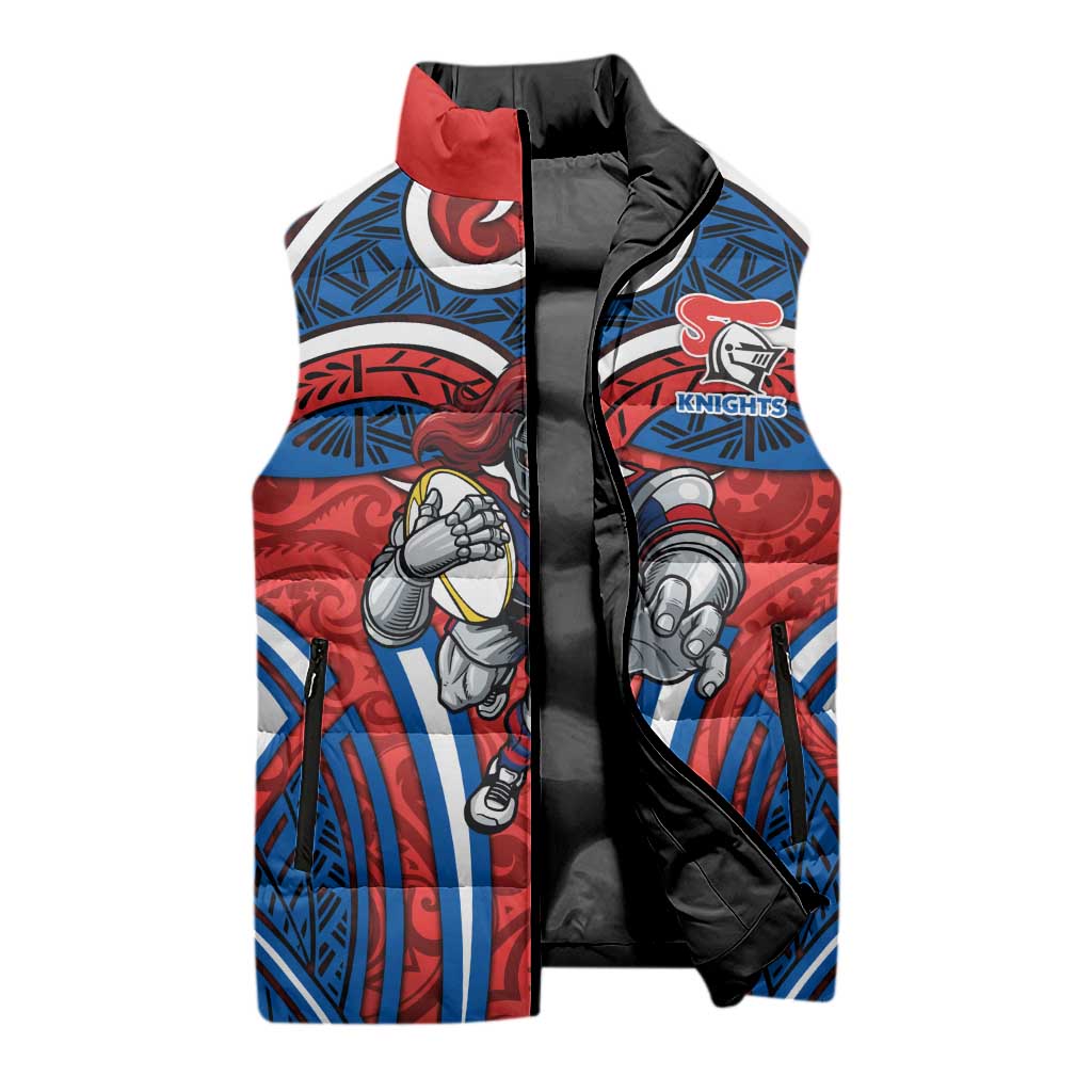 Newcastle Knights Rugby Sleeveless Puffer Jacket Polynesian Tribal Knight Warrior Red Blue Pattern