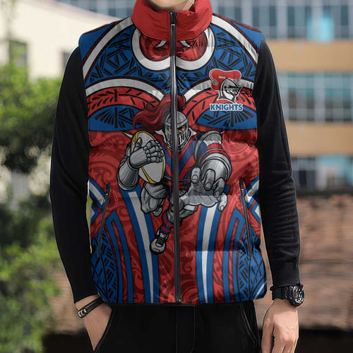 Newcastle Knights Rugby Sleeveless Puffer Jacket Polynesian Tribal Knight Warrior Red Blue Pattern