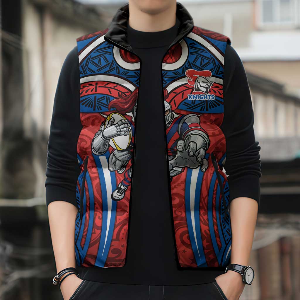 Newcastle Knights Rugby Sleeveless Puffer Jacket Polynesian Tribal Knight Warrior Red Blue Pattern