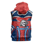 Newcastle Knights Rugby Sleeveless Zip Hoodie Polynesian Tribal Knight Warrior Red Blue Pattern