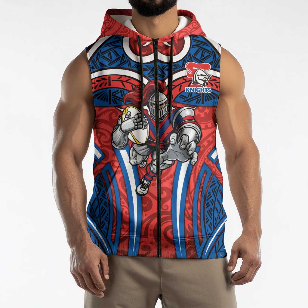 Newcastle Knights Rugby Sleeveless Zip Hoodie Polynesian Tribal Knight Warrior Red Blue Pattern
