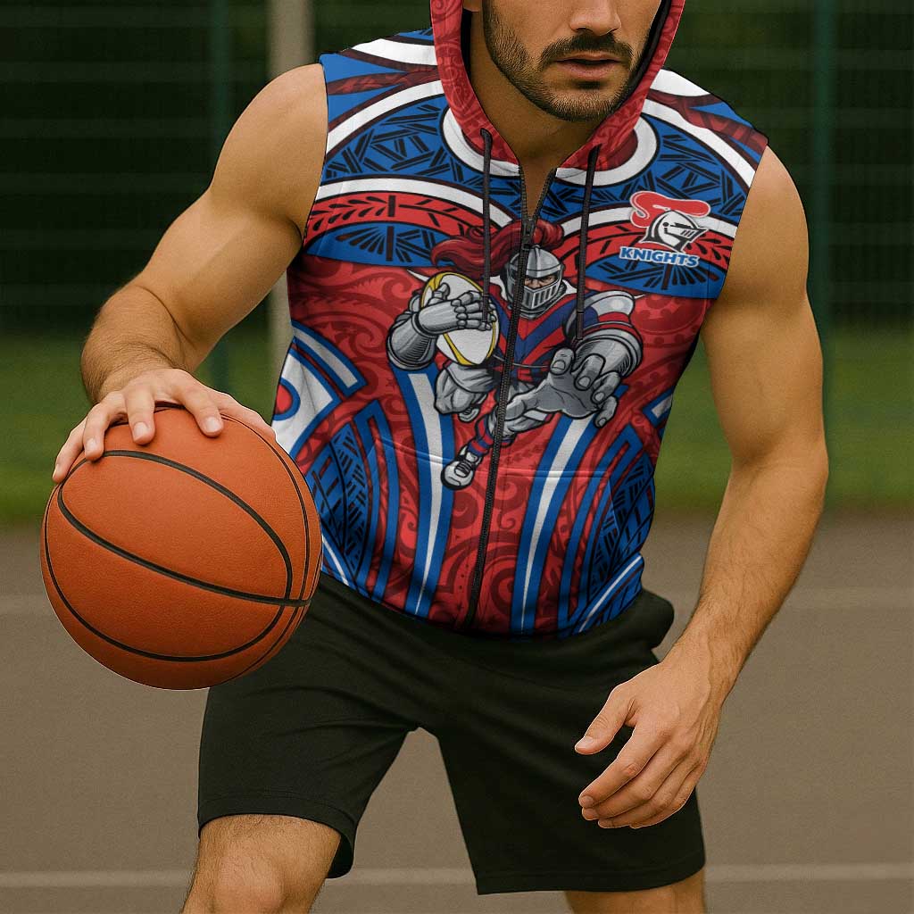 Newcastle Knights Rugby Sleeveless Zip Hoodie Polynesian Tribal Knight Warrior Red Blue Pattern