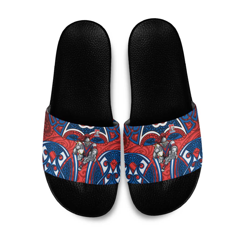 Newcastle Knights Rugby Slide Sandals Polynesian Tribal Knight Warrior Red Blue Pattern