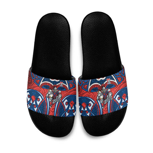 Newcastle Knights Rugby Slide Sandals Polynesian Tribal Knight Warrior Red Blue Pattern