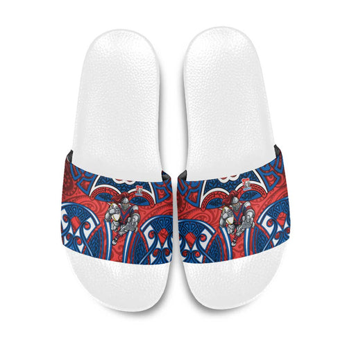 Newcastle Knights Rugby Slide Sandals Polynesian Tribal Knight Warrior Red Blue Pattern