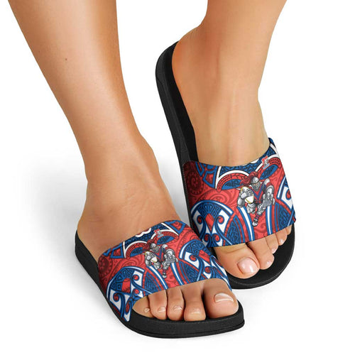 Newcastle Knights Rugby Slide Sandals Polynesian Tribal Knight Warrior Red Blue Pattern