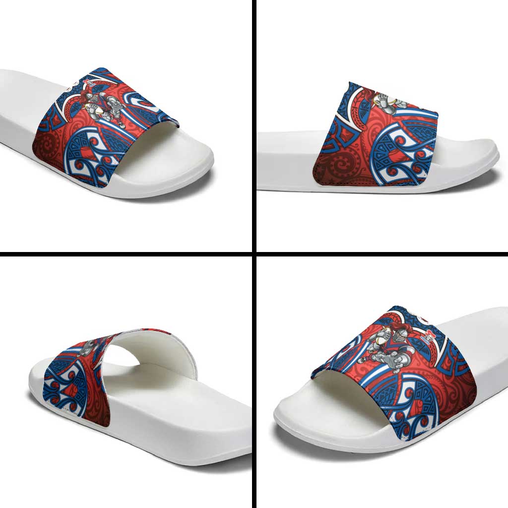 Newcastle Knights Rugby Slide Sandals Polynesian Tribal Knight Warrior Red Blue Pattern