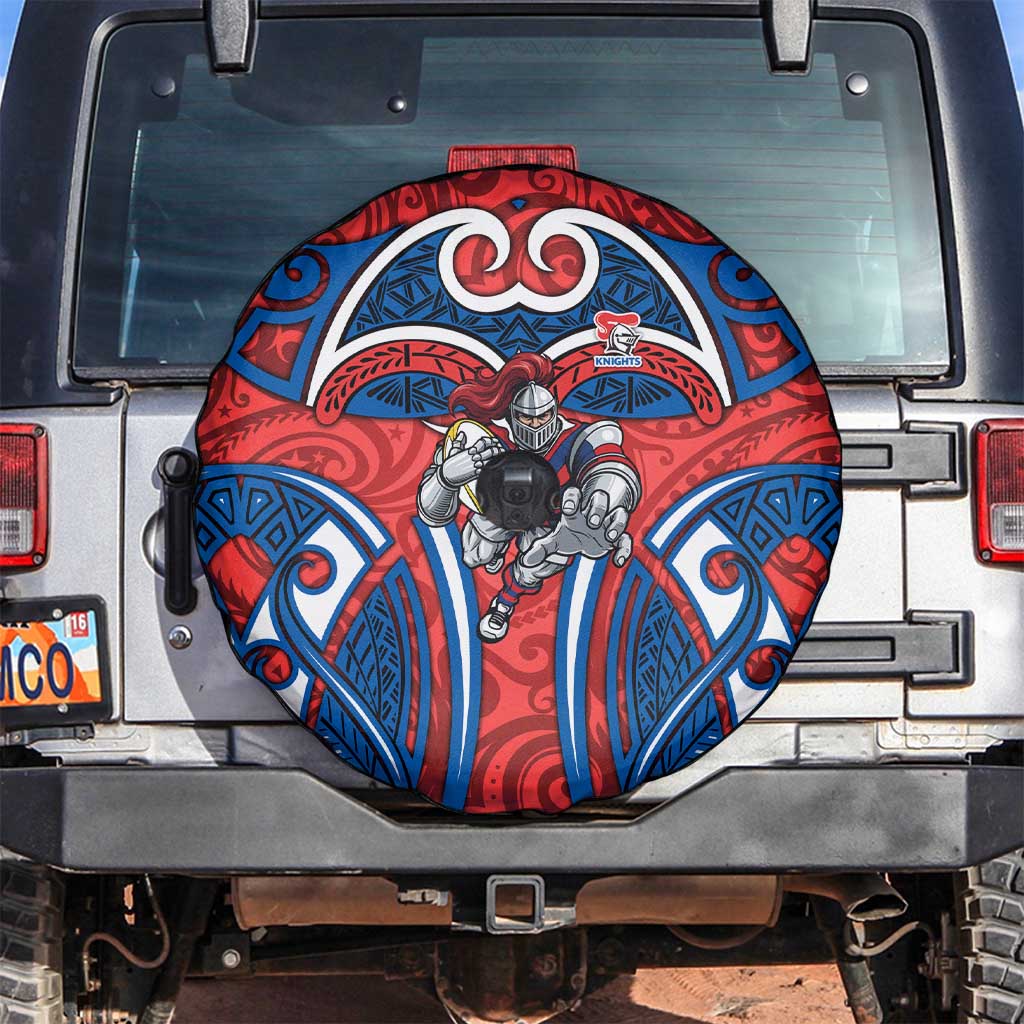 Newcastle Knights Rugby Spare Tire Cover Polynesian Tribal Knight Warrior Red Blue Pattern