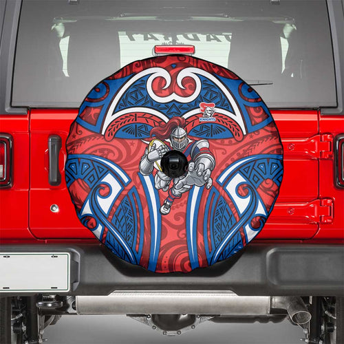 Newcastle Knights Rugby Spare Tire Cover Polynesian Tribal Knight Warrior Red Blue Pattern