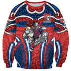 Newcastle Knights Rugby Sweatshirt Polynesian Tribal Knight Warrior Red Blue Pattern