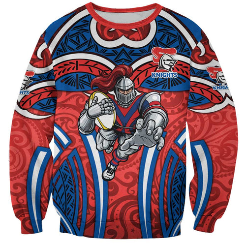 Newcastle Knights Rugby Sweatshirt Polynesian Tribal Knight Warrior Red Blue Pattern