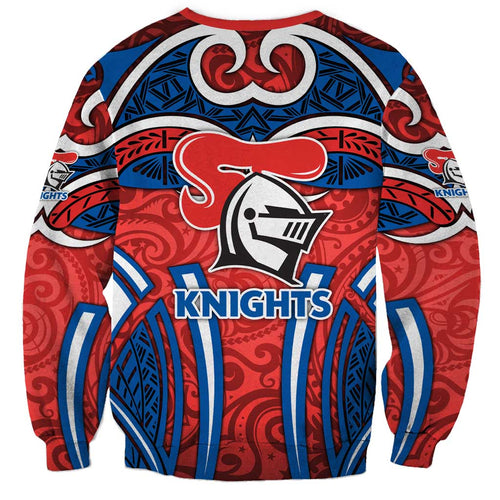 Newcastle Knights Rugby Sweatshirt Polynesian Tribal Knight Warrior Red Blue Pattern