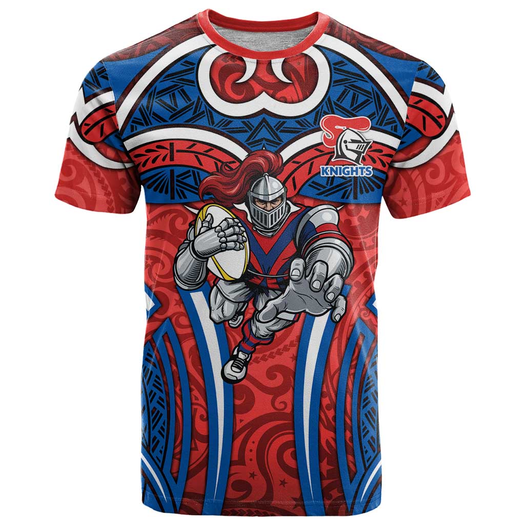 Newcastle Knights Rugby T Shirt Polynesian Tribal Knight Warrior Red Blue Pattern