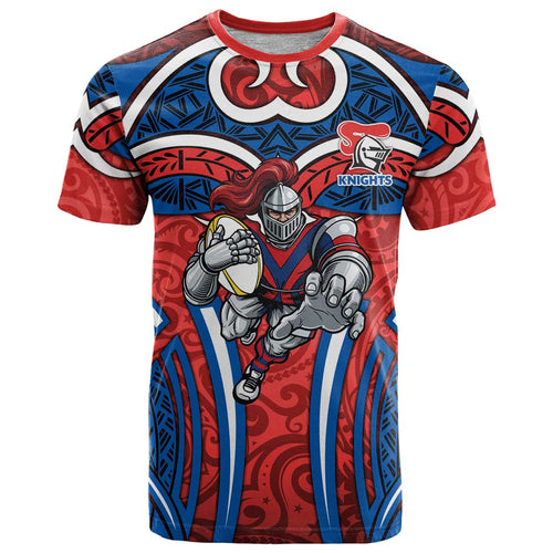 Newcastle Knights Rugby T Shirt Polynesian Tribal Knight Warrior Red Blue Pattern
