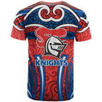 Newcastle Knights Rugby T Shirt Polynesian Tribal Knight Warrior Red Blue Pattern