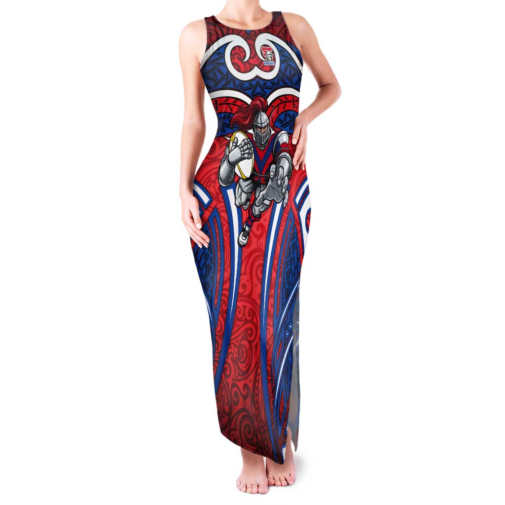 Newcastle Knights Rugby Tank Maxi Dress Polynesian Tribal Knight Warrior Red Blue Pattern