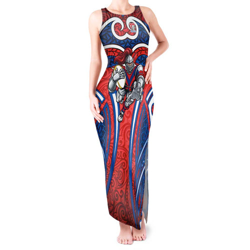 Newcastle Knights Rugby Tank Maxi Dress Polynesian Tribal Knight Warrior Red Blue Pattern