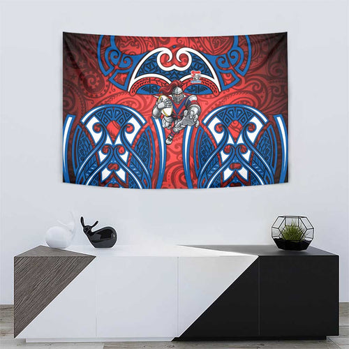 Newcastle Knights Rugby Tapestry Polynesian Tribal Knight Warrior Red Blue Pattern