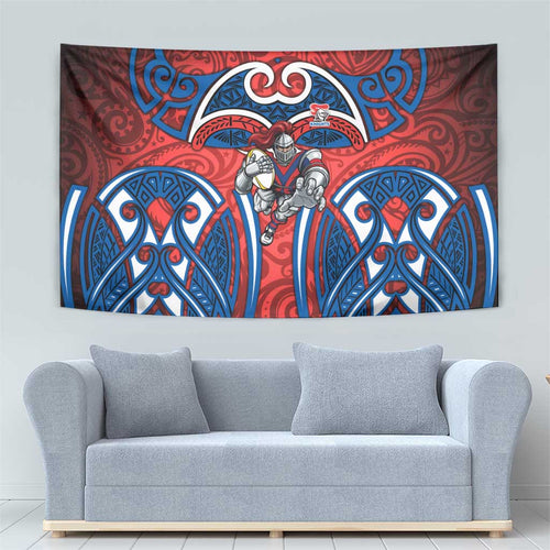 Newcastle Knights Rugby Tapestry Polynesian Tribal Knight Warrior Red Blue Pattern