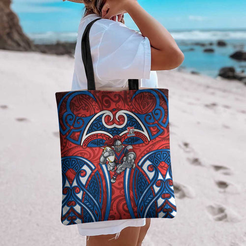 Newcastle Knights Rugby Tote Bag Polynesian Tribal Knight Warrior Red Blue Pattern