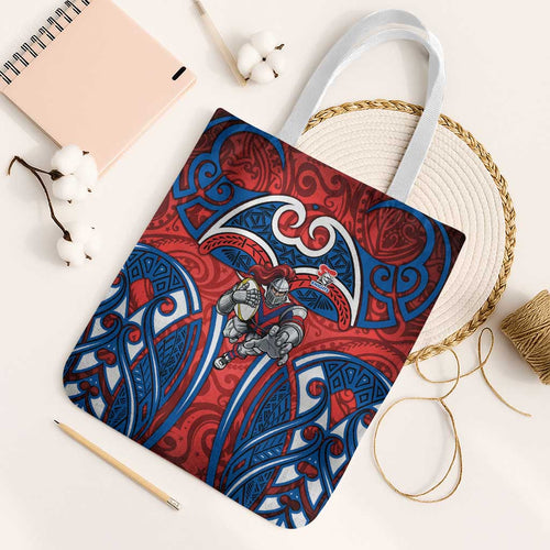 Newcastle Knights Rugby Tote Bag Polynesian Tribal Knight Warrior Red Blue Pattern