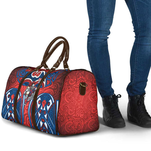 Newcastle Knights Rugby Travel Bag Polynesian Tribal Knight Warrior Red Blue Pattern
