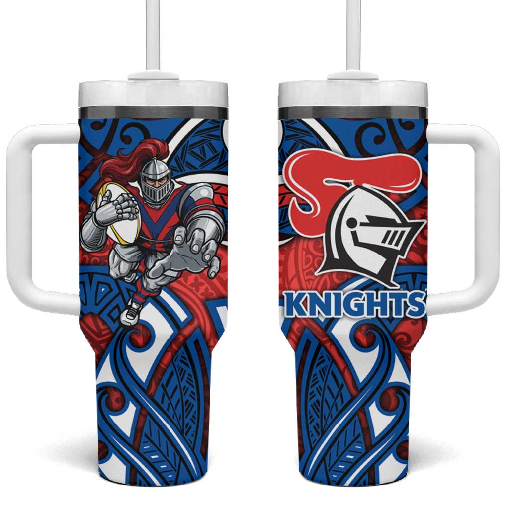 Newcastle Knights Rugby Tumbler With Handle Polynesian Tribal Knight Warrior Red Blue Pattern