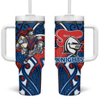 Newcastle Knights Rugby Tumbler With Handle Polynesian Tribal Knight Warrior Red Blue Pattern