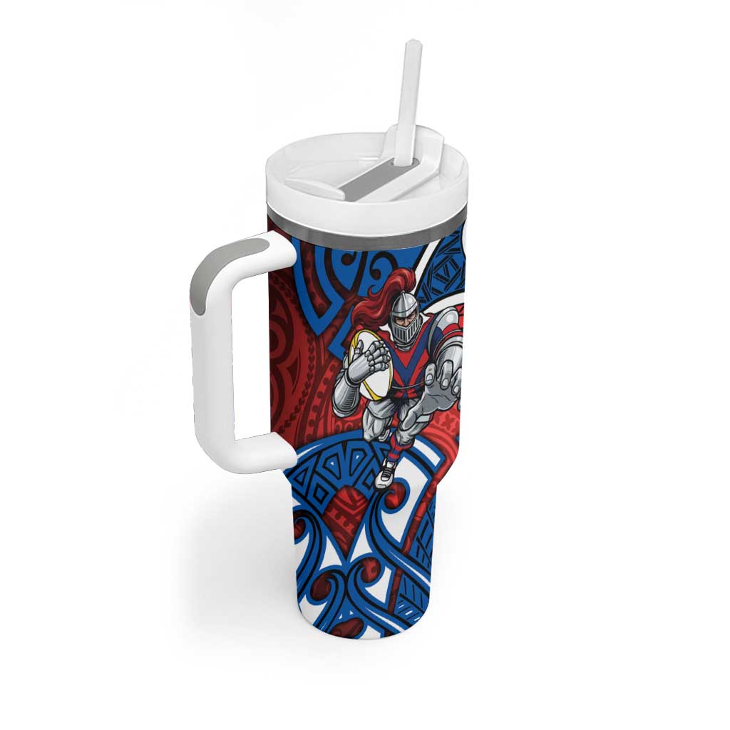 Newcastle Knights Rugby Tumbler With Handle Polynesian Tribal Knight Warrior Red Blue Pattern